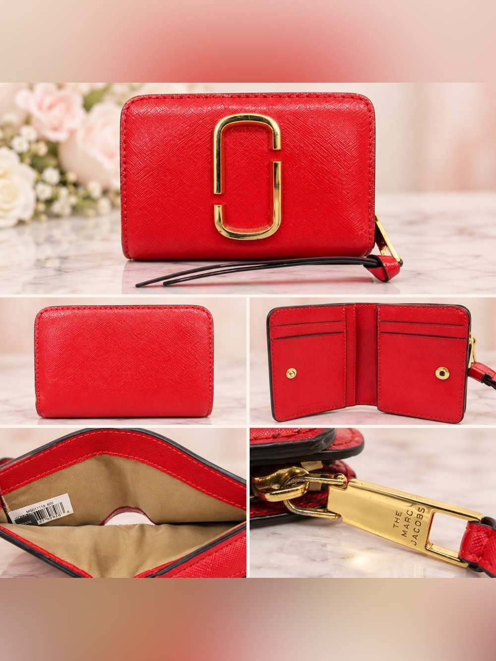 Marc Jacobs Red Saffiano Leather compact Wallet with Gold Hardware